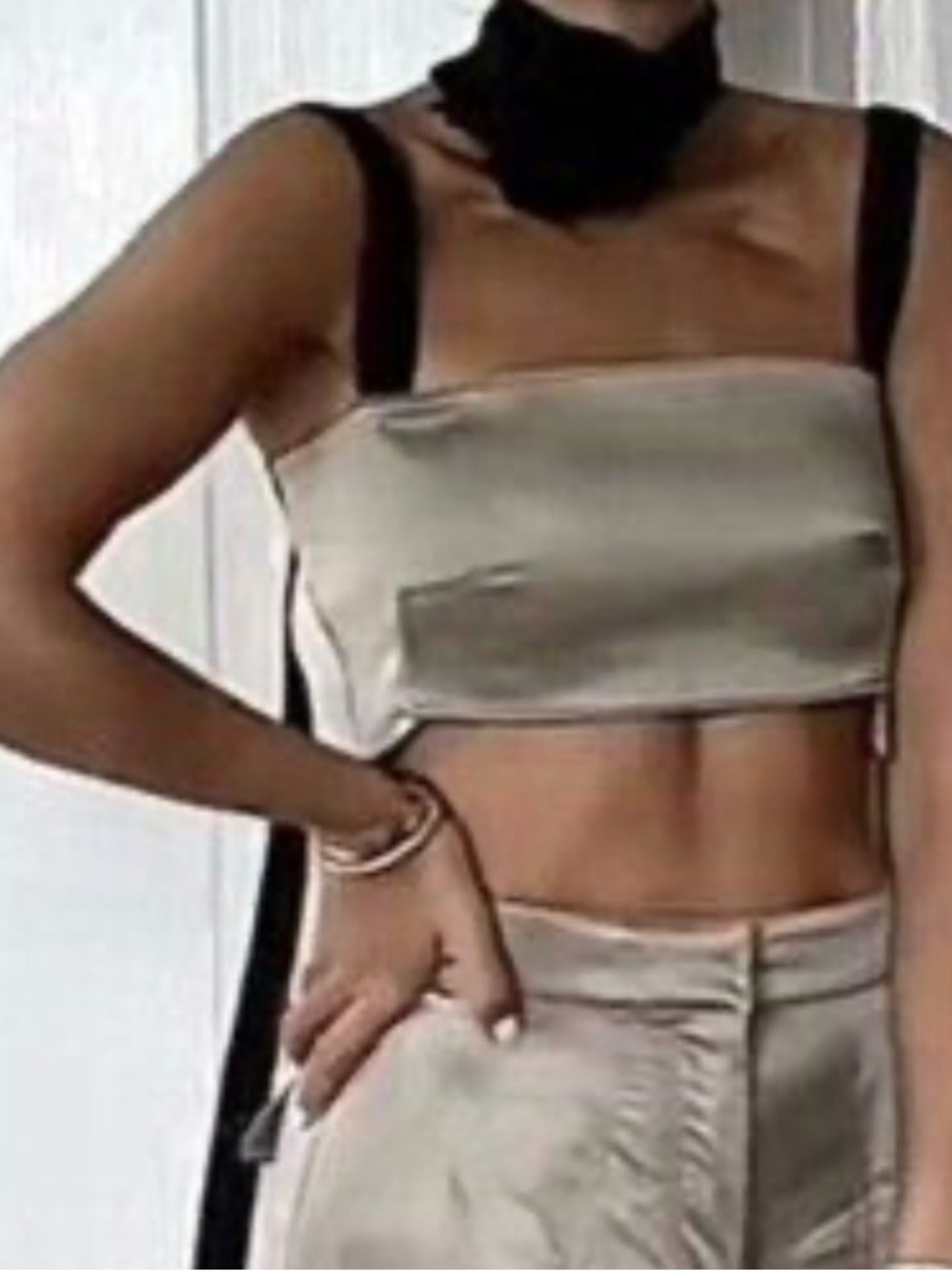 Zara Satin Beige Crop Top with Black Straps